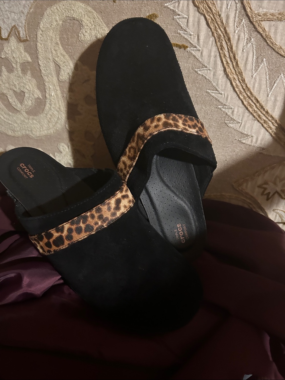 CROCS Black Slip-On Mules with Leopard Accent Strap